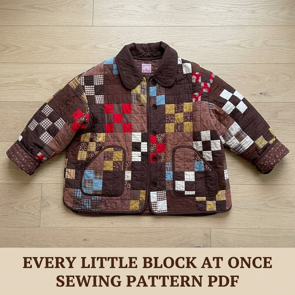 Scrappy Patchwork Quilted Coat Sewing Pattern PDF – Boxy Quilt Coat with Collar and Patch Pockets