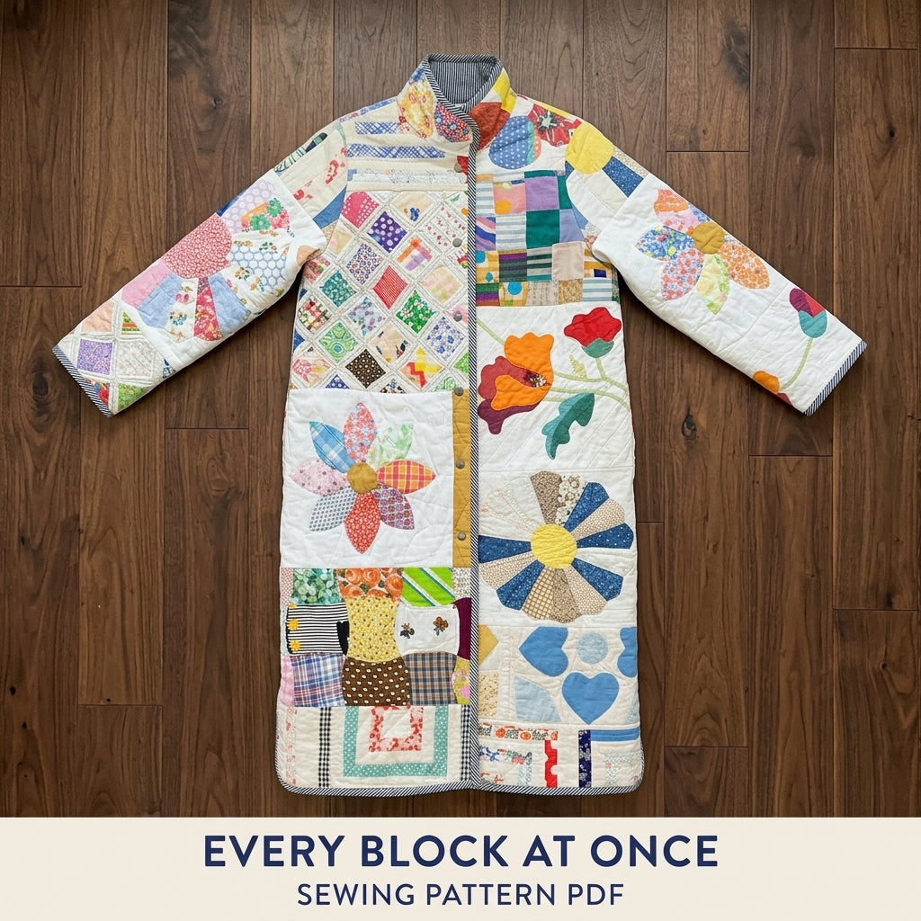 Vintage Patchwork Quilt Coat Sewing Pattern PDF – Long Coat from Orphan Quilt Blocks