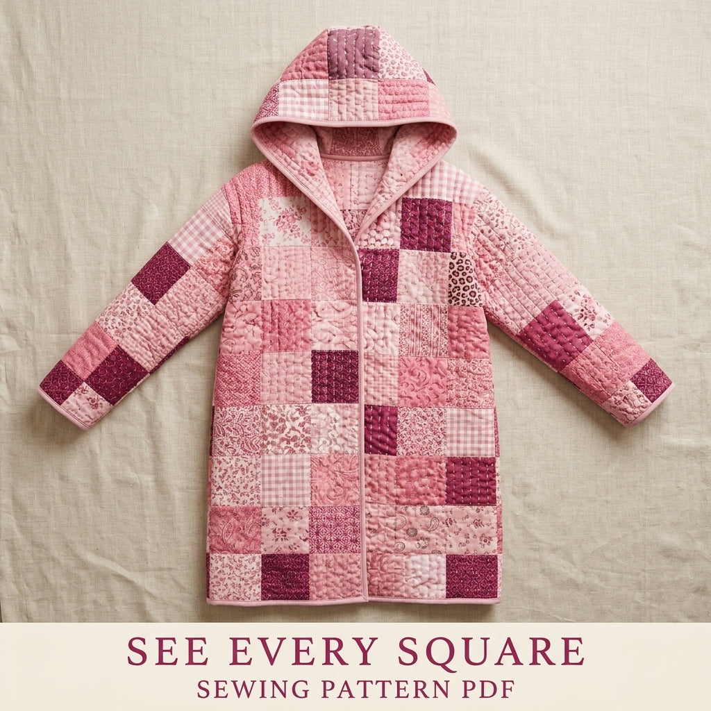 Pink Patchwork Hooded Quilt Coat Sewing Pattern PDF – Long Quilted Coat