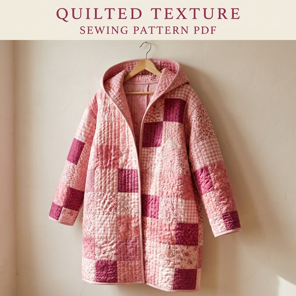 Pink Patchwork Hooded Quilt Coat Sewing Pattern PDF – Long Quilted Coat
