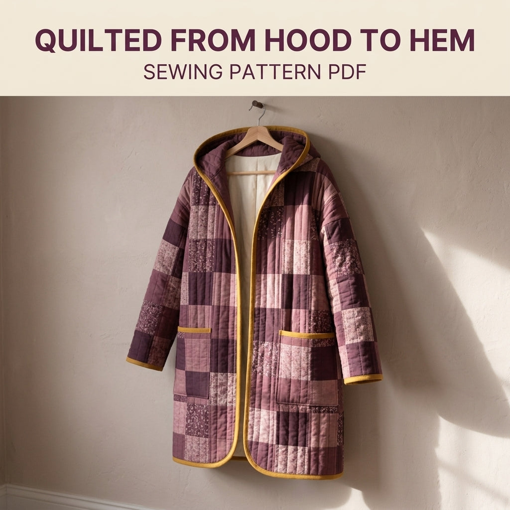 Hooded Quilted Coat Sewing Pattern PDF – Knee-Length Patchwork Quilt Coat with Bias Binding