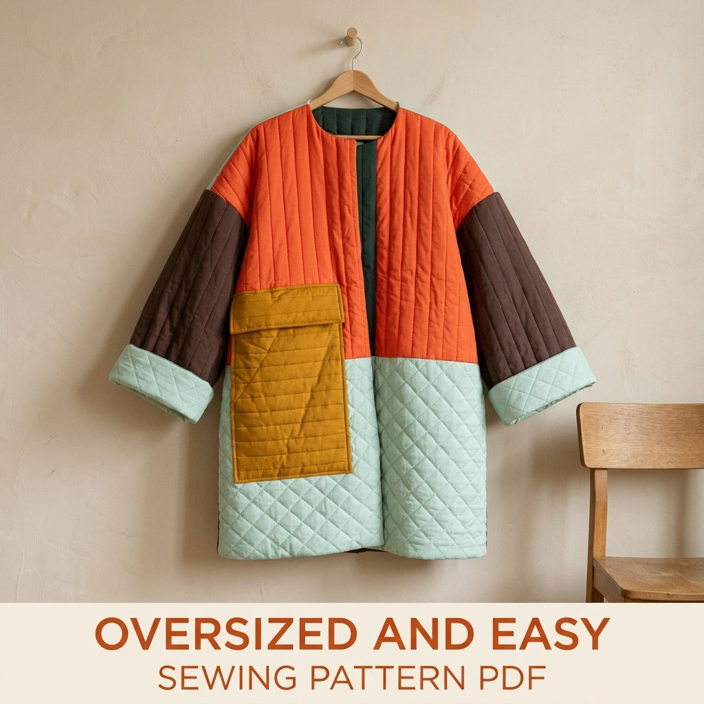 Colour Block Quilted Coat Sewing Pattern PDF – Oversized Quilted Jacket