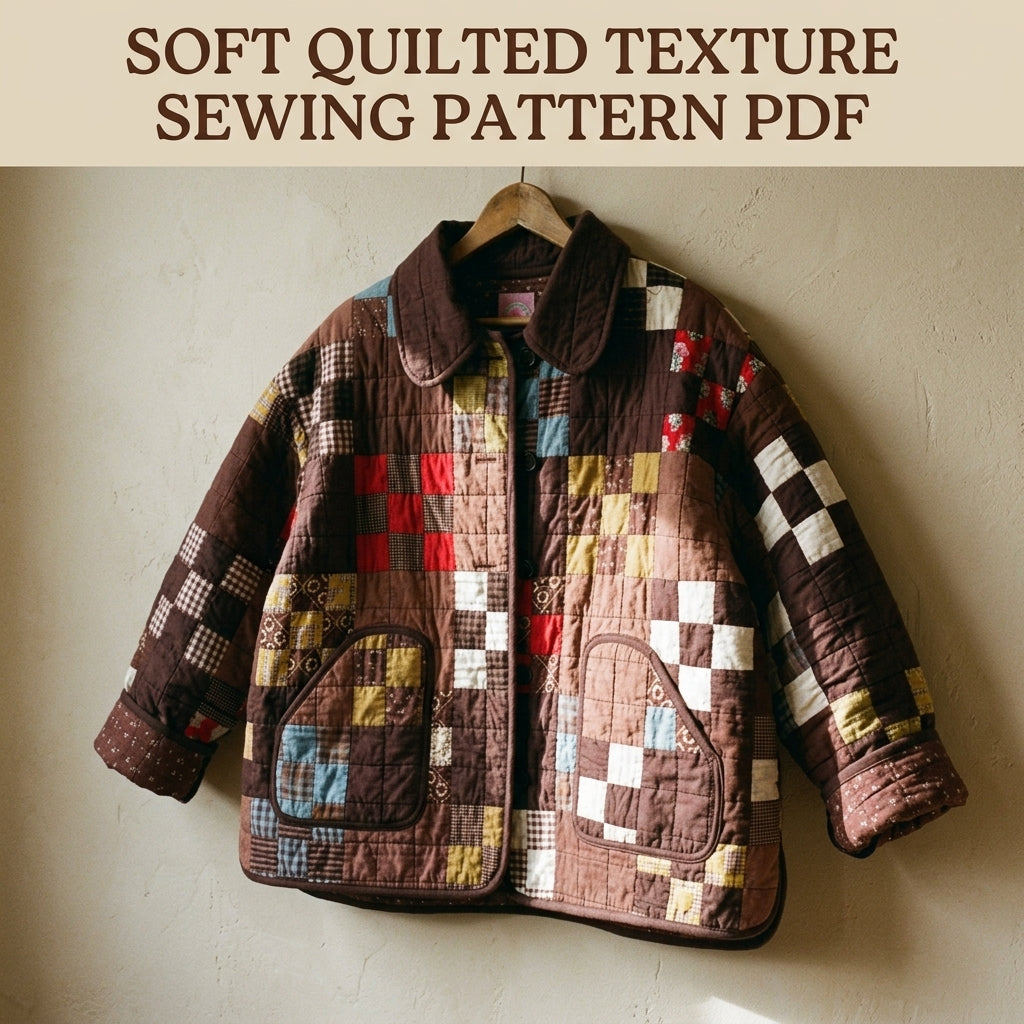 Scrappy Patchwork Quilted Coat Sewing Pattern PDF – Boxy Quilt Coat with Collar and Patch Pockets