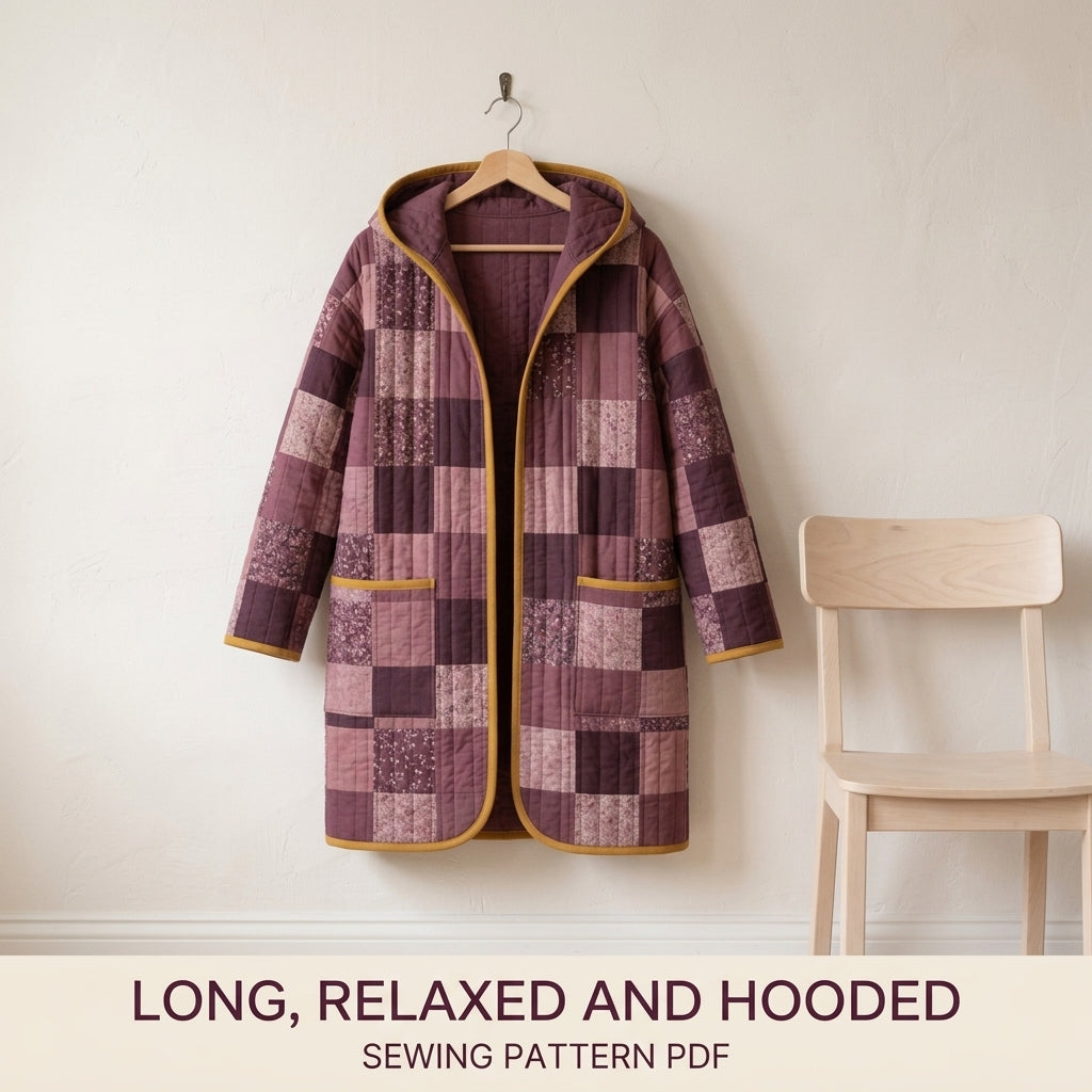 Hooded Quilted Coat Sewing Pattern PDF – Knee-Length Patchwork Quilt Coat with Bias Binding