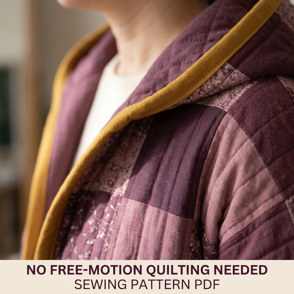 Hooded Quilted Coat Sewing Pattern PDF – Knee-Length Patchwork Quilt Coat with Bias Binding