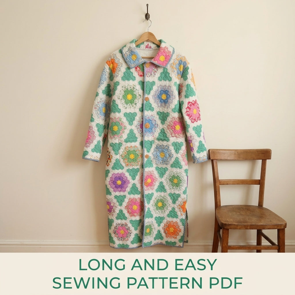 Flower Garden Long Quilt Coat Sewing Pattern PDF – Button Front Coat from a Vintage Quilt