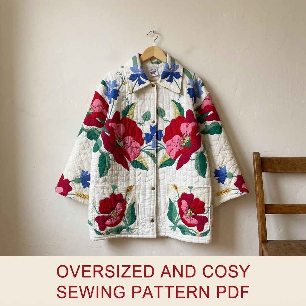 Poppy Appliqué Quilt Chore Coat Sewing Pattern PDF – Oversized Quilt Coat