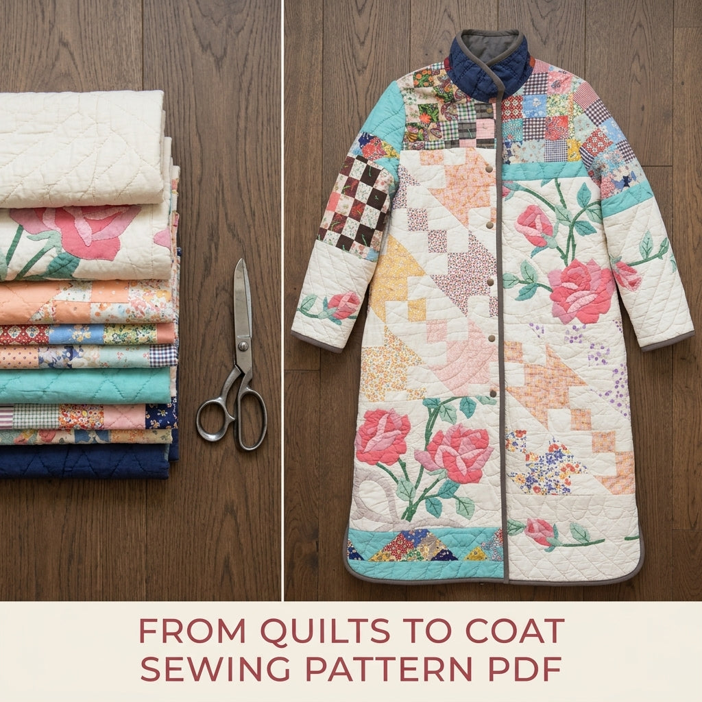 Rose Patchwork Quilt Coat Sewing Pattern PDF – Long Coat from Vintage Quilts