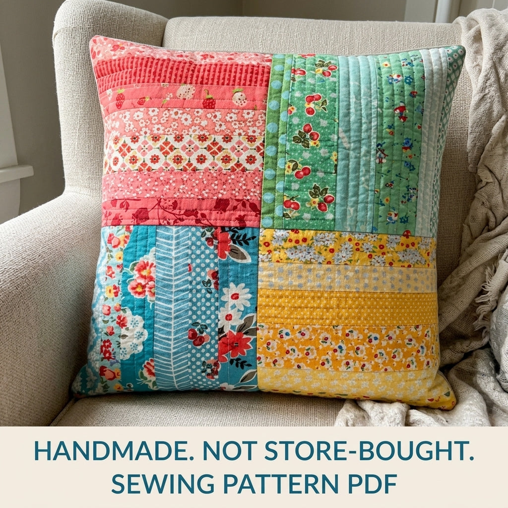 Four Quadrant Strip Cushion Sewing Pattern PDF – Scrappy Quilted Pillow