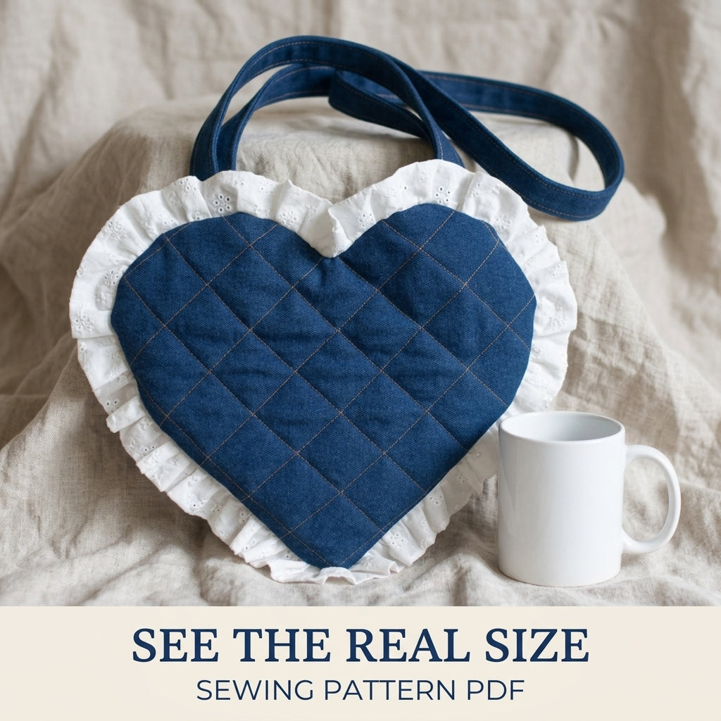Denim Eyelet Heart Bag Sewing Pattern PDF – Quilted Heart Purse with Lace Ruffle