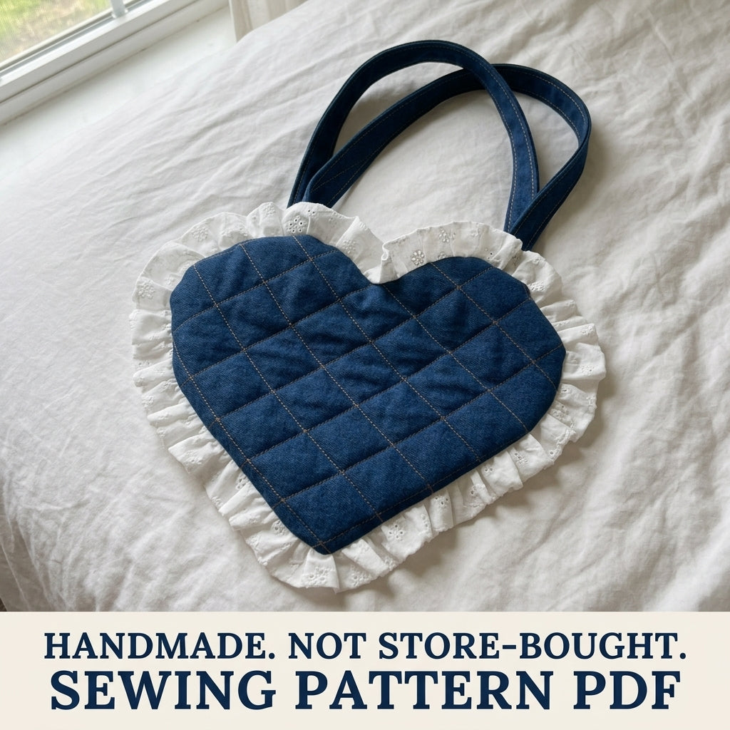 Denim Eyelet Heart Bag Sewing Pattern PDF – Quilted Heart Purse with Lace Ruffle