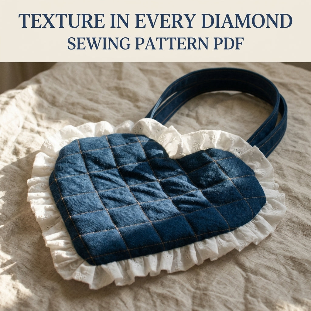 Denim Eyelet Heart Bag Sewing Pattern PDF – Quilted Heart Purse with Lace Ruffle