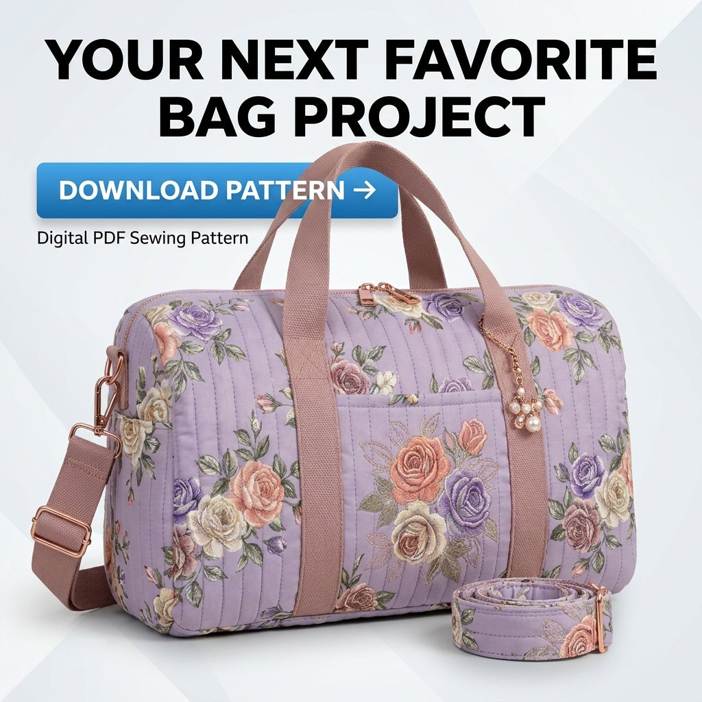 Quilted Duffle Bag Sewing Pattern — Weekender with Detachable Strap and Side Pockets, PDF Download