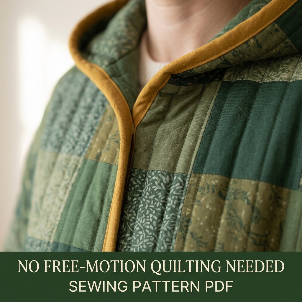 Hooded Quilted Duster Coat Sewing Pattern PDF – Knee-Length Patchwork Quilt Coat with Bias Binding