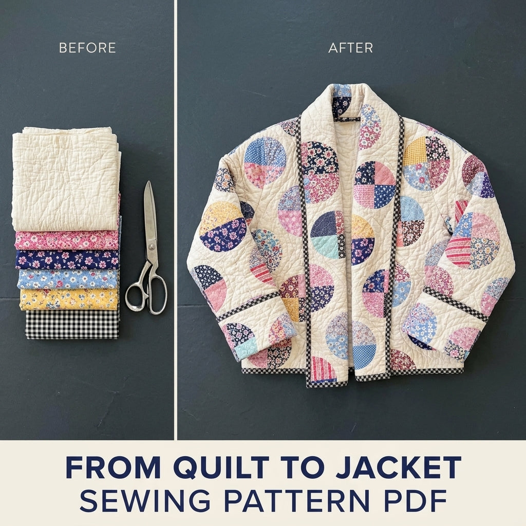 Circle Quarters  Quilt Jacket Sewing Pattern PDF – Boxy Shawl Collar Jacket from a Vintage Quilt