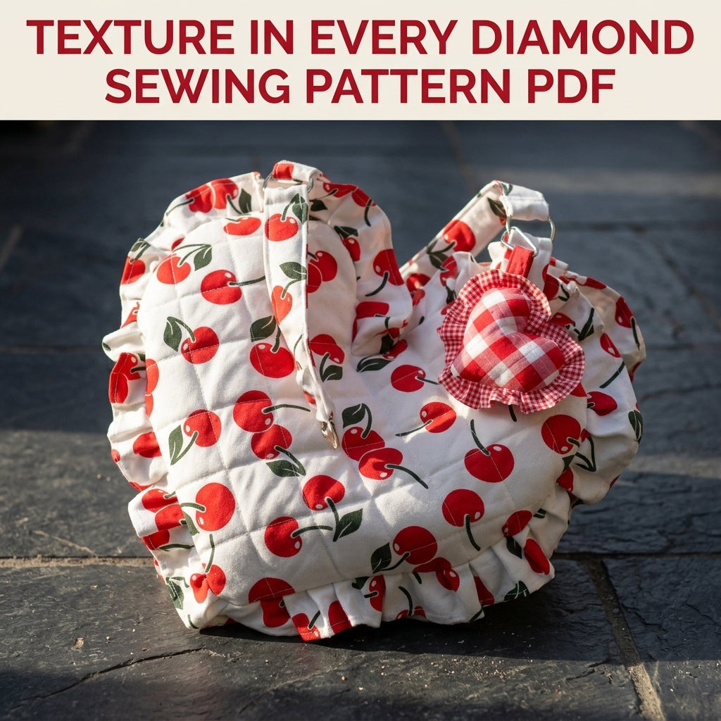 Cherry Quilted Heart Bag Sewing Pattern PDF – Heart Shoulder Bag with Ruffle and Charm