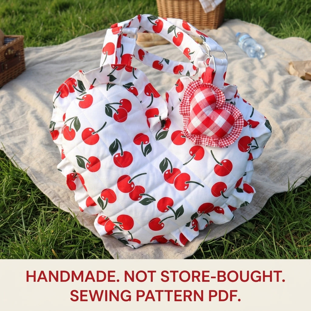 Cherry Quilted Heart Bag Sewing Pattern PDF – Heart Shoulder Bag with Ruffle and Charm