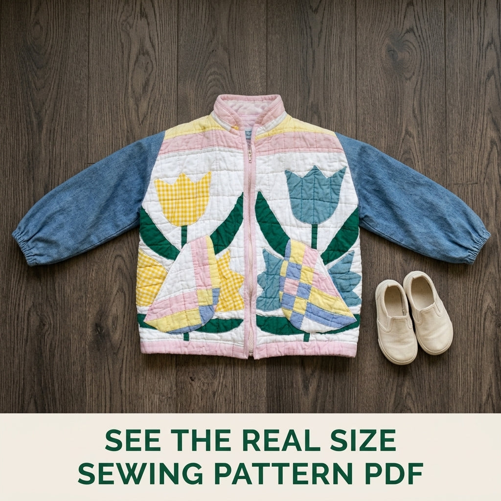 Kids Tulip Quilt Jacket Sewing Pattern PDF – Children's Quilted Zip Jacket with Denim Sleeves