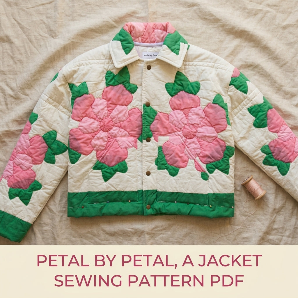 Rose Appliqué Quilted Jacket Sewing Pattern PDF – Cropped Quilt Jacket with Flowers