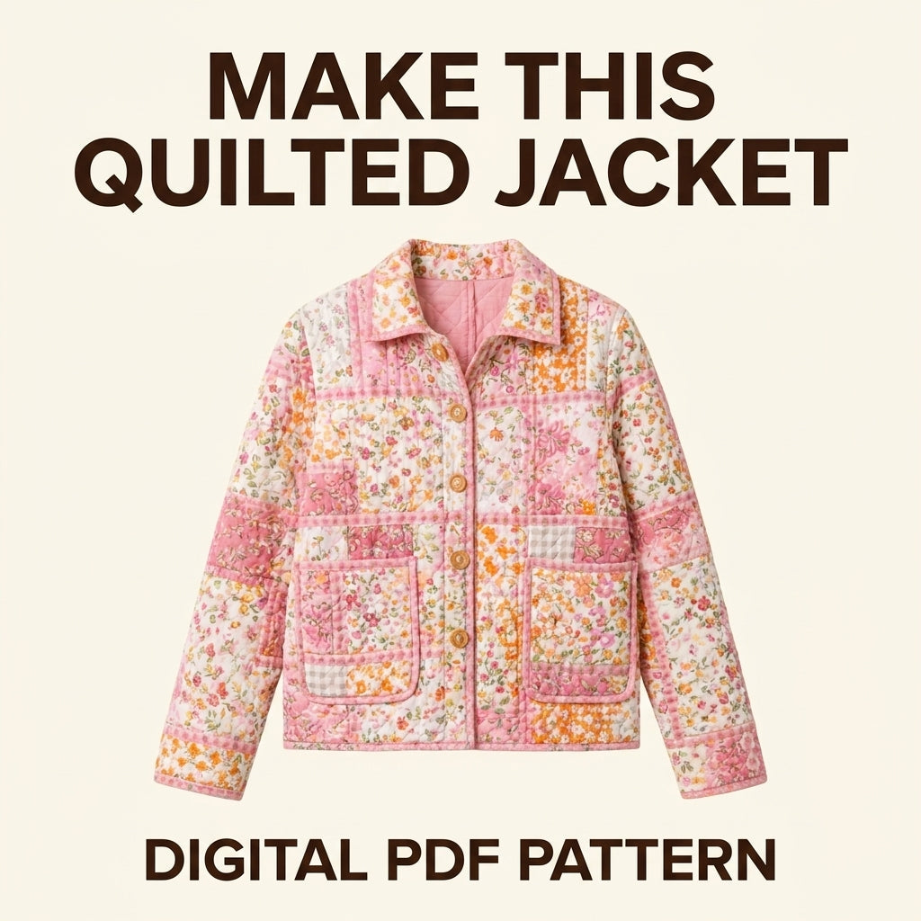 Quilted Patchwork Jacket Sewing Pattern — Oversized Chore Jacket with Collar and Patch Pockets, Sizes XS–3XL, PDF Download