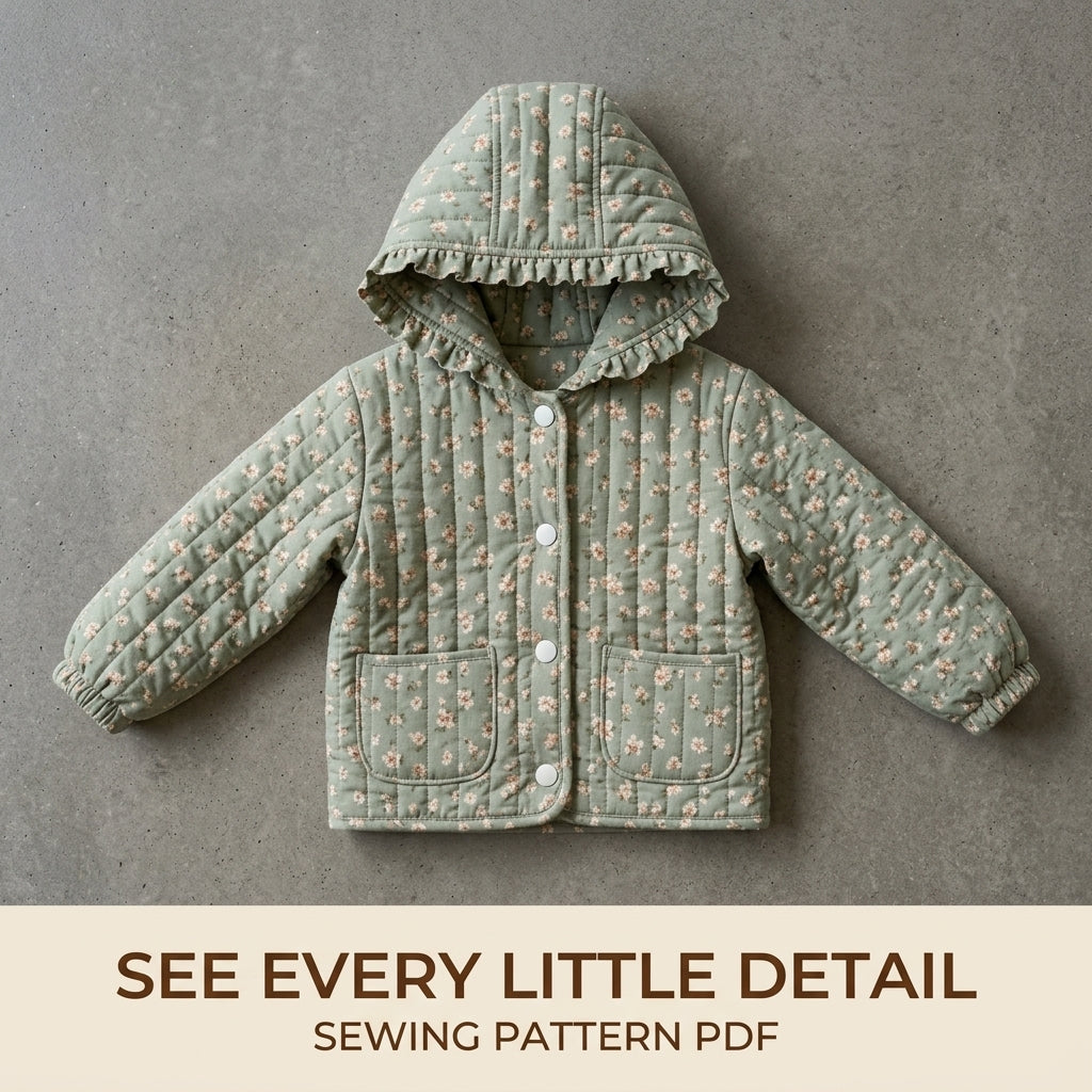 Children's Quilted Hooded Jacket Sewing Pattern PDF – Girls' Jacket with Frilled Hood and Pockets