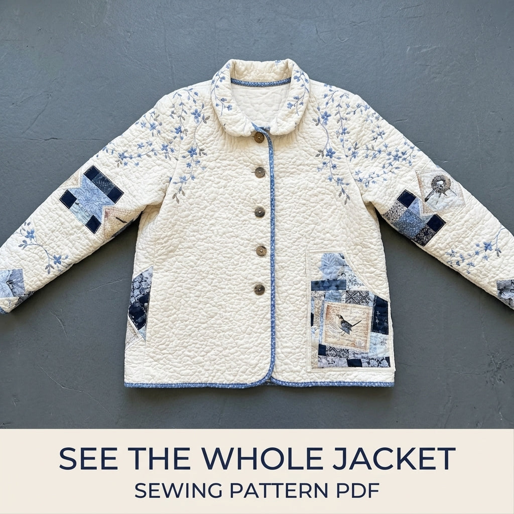 Blue Vine Patchwork Quilt Jacket Sewing Pattern PDF – Relaxed Quilted Jacket