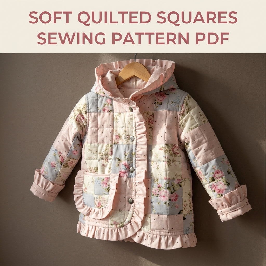 Kids Ruffle Patchwork Quilted Jacket Sewing Pattern PDF – Girls Hooded Quilt Coat
