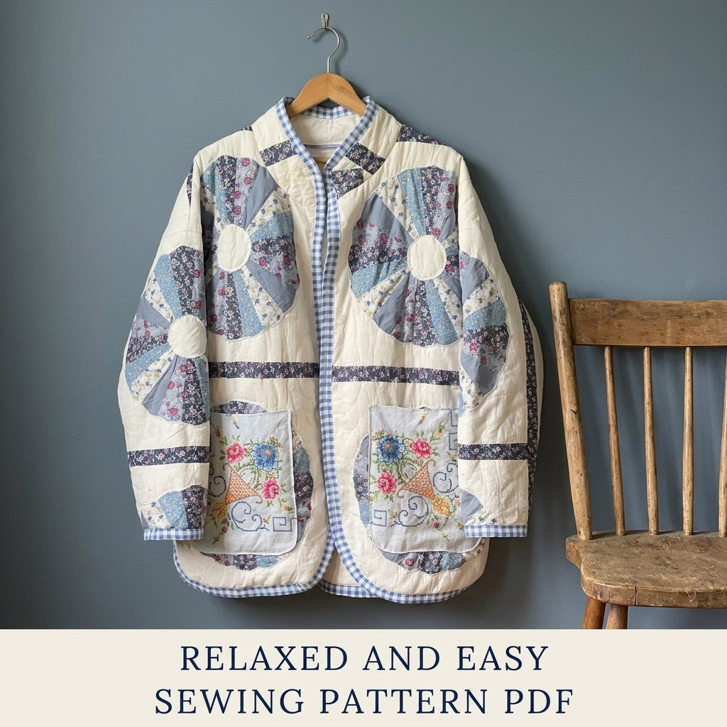 Dresden Cross-Stitch Pocket Quilt Jacket Sewing Pattern PDF – Upcycled Quilt Coat