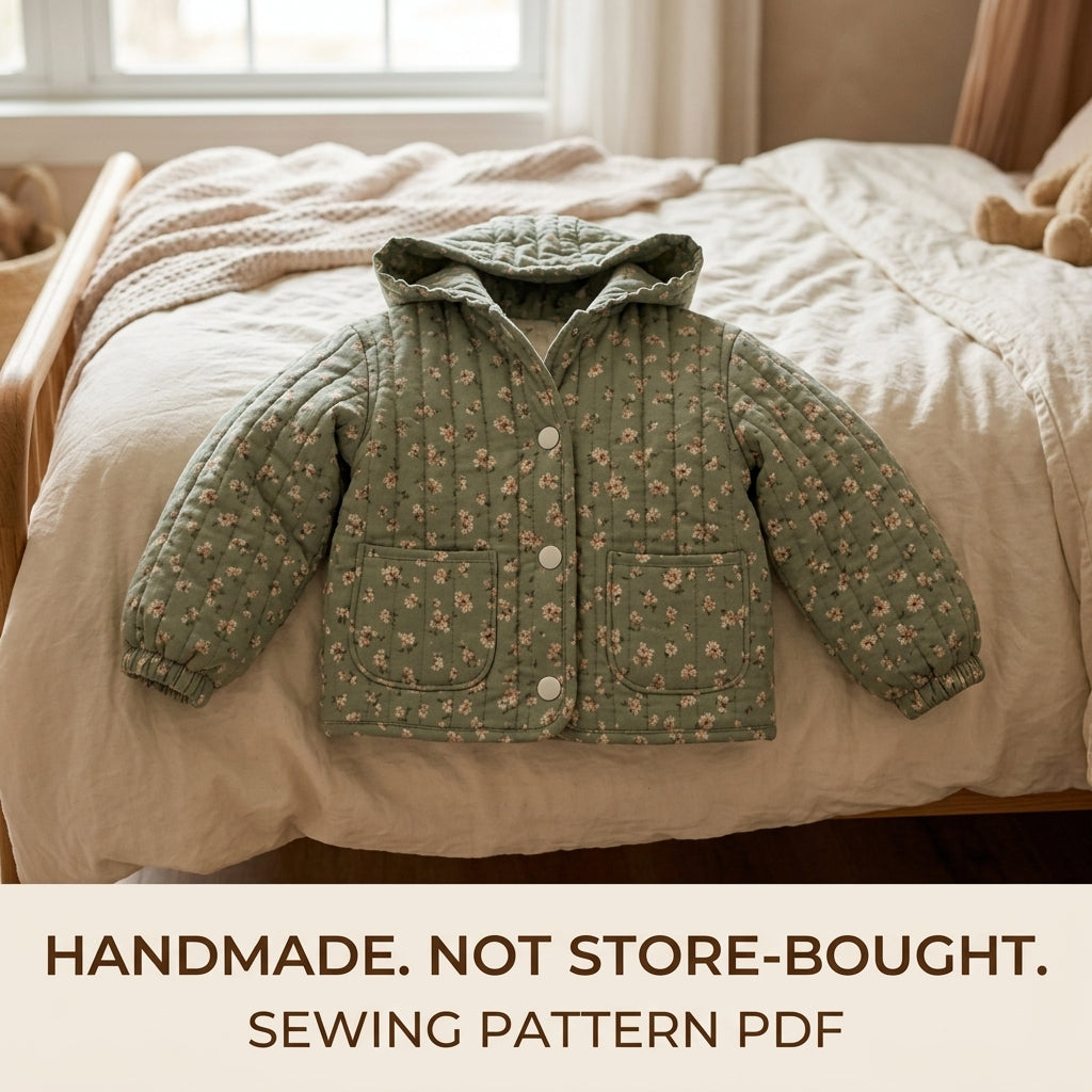 Children's Quilted Hooded Jacket Sewing Pattern PDF – Girls' Jacket with Frilled Hood and Pockets