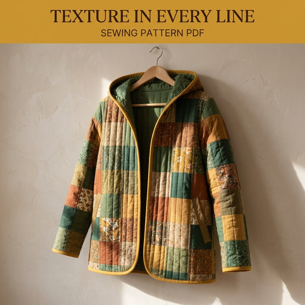 Hooded Quilted Jacket Sewing Pattern PDF – Patchwork Liner Jacket with Vintage Florals and Bias Binding