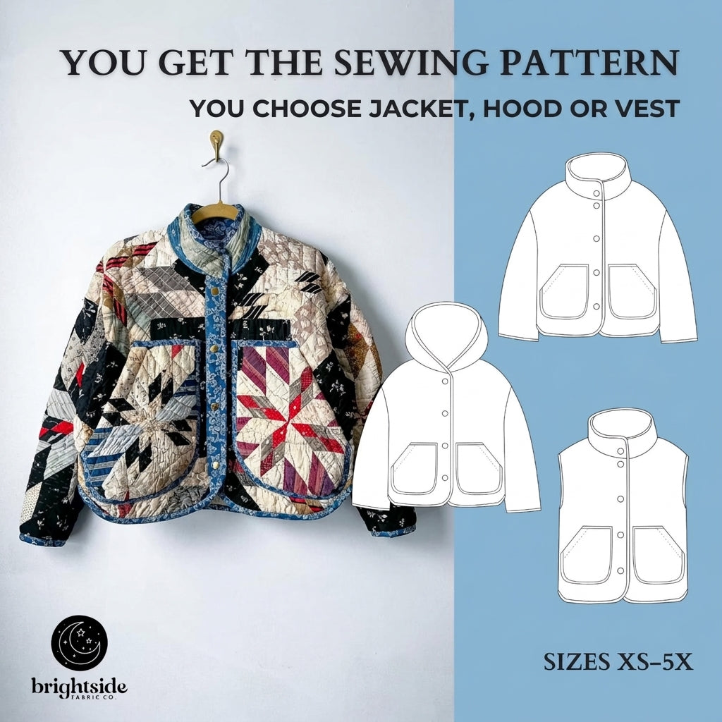 Quilt Jacket and Vest Sewing Pattern — 3 Versions in One PDF, Hooded, Collared or Sleeveless, Sizes XS–5X, A0 and A4 PDF