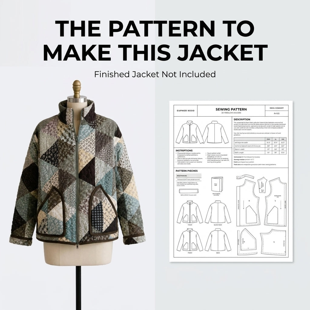 Patchwork Bomber Jacket Sewing Pattern — Quilted Zip Jacket with Funnel Collar, Sizes XS–3XL, A0 and A4 PDF