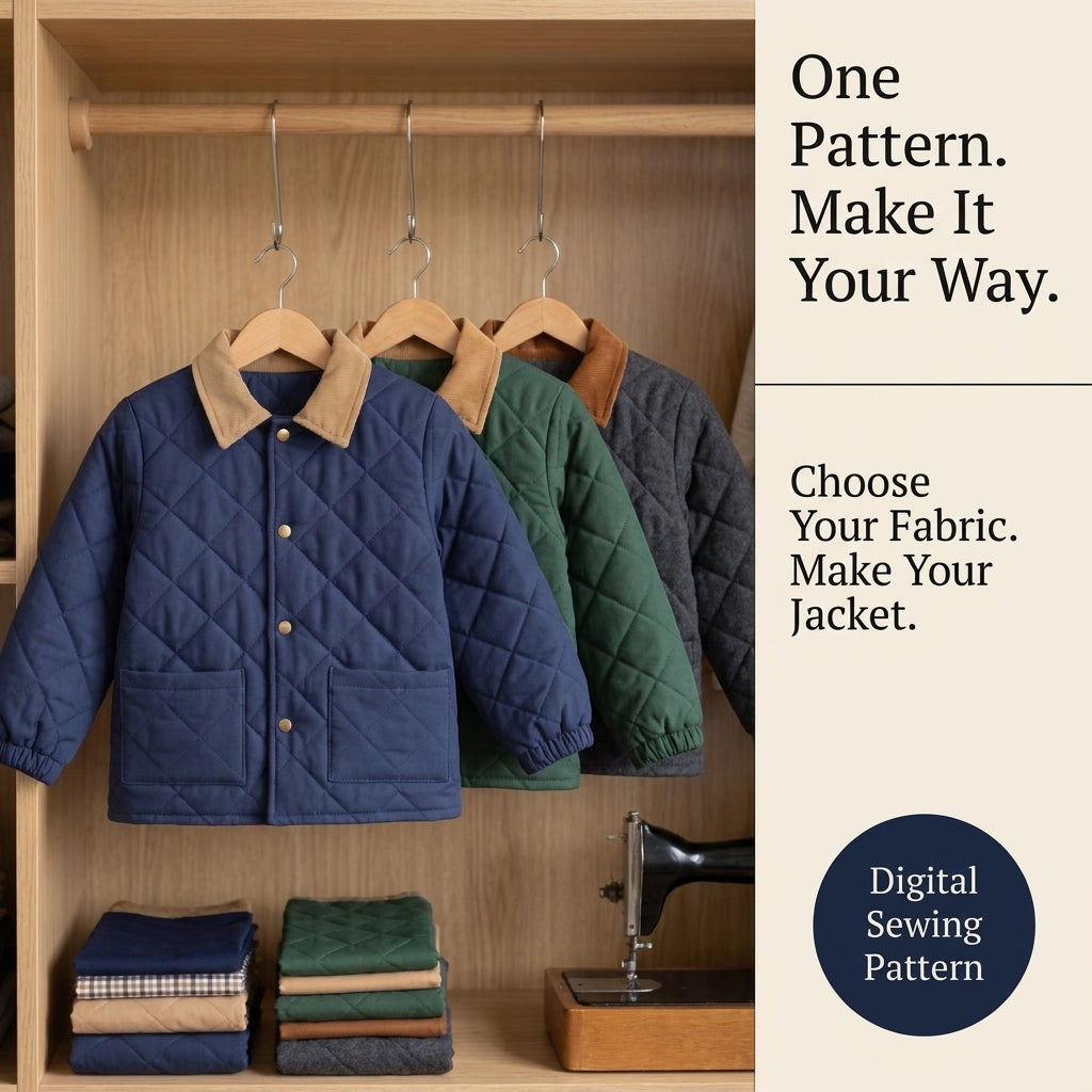 Classic Quilted Jacket Sewing Pattern for Kids – Corduroy Collar, Snap Front – Sizes 2–12 – PDF
