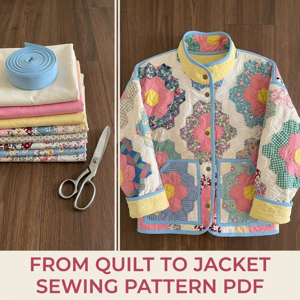 Hexagon Flower Garden Quilt Jacket Sewing Pattern PDF – Upcycled Quilt Coat