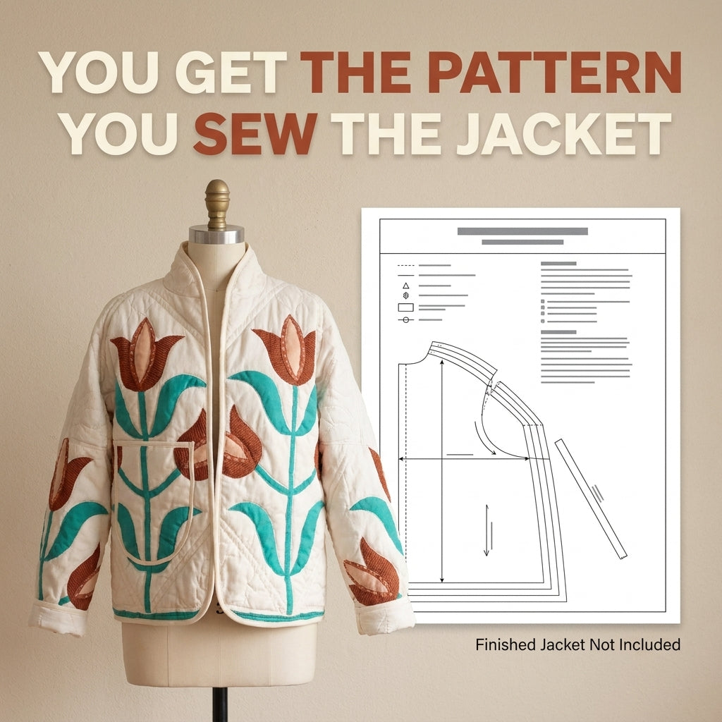 Zip-Front Quilt Jacket Sewing Pattern — Patchwork Bomber with Stand Collar and Shaped Pockets, Sizes XS–3XL, A0 and A4 PDF