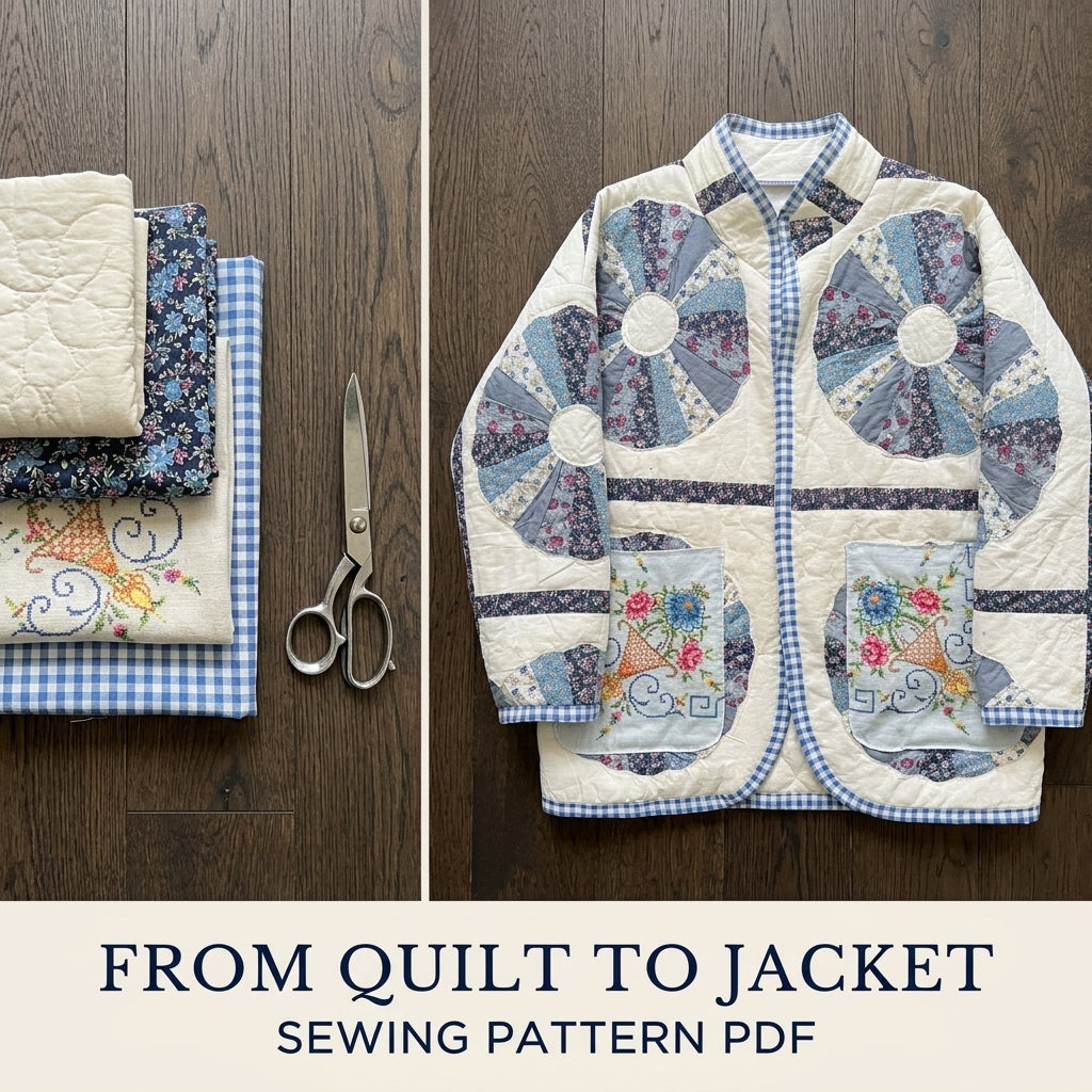 Dresden Cross-Stitch Pocket Quilt Jacket Sewing Pattern PDF – Upcycled Quilt Coat