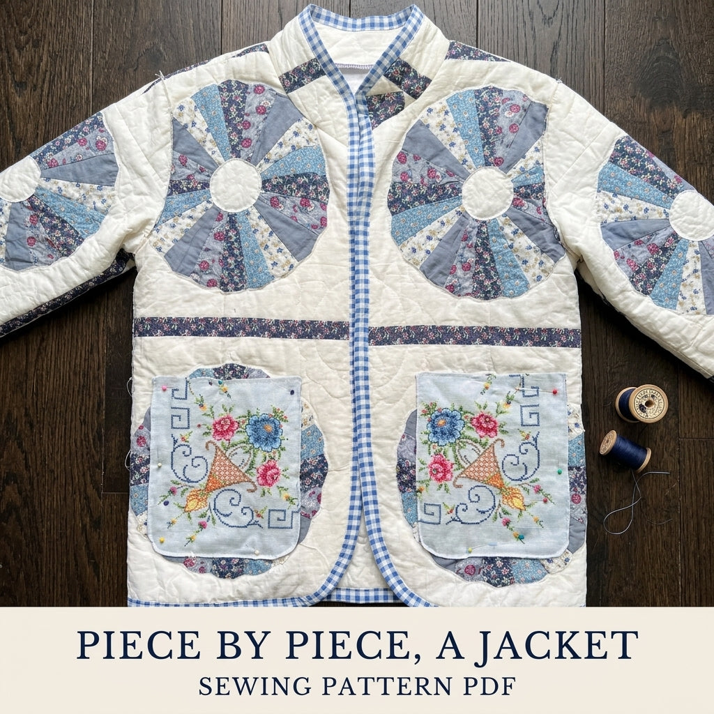 Dresden Cross-Stitch Pocket Quilt Jacket Sewing Pattern PDF – Upcycled Quilt Coat