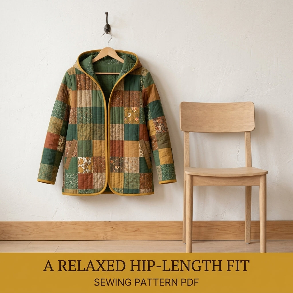 Hooded Quilted Jacket Sewing Pattern PDF – Patchwork Liner Jacket with Vintage Florals and Bias Binding