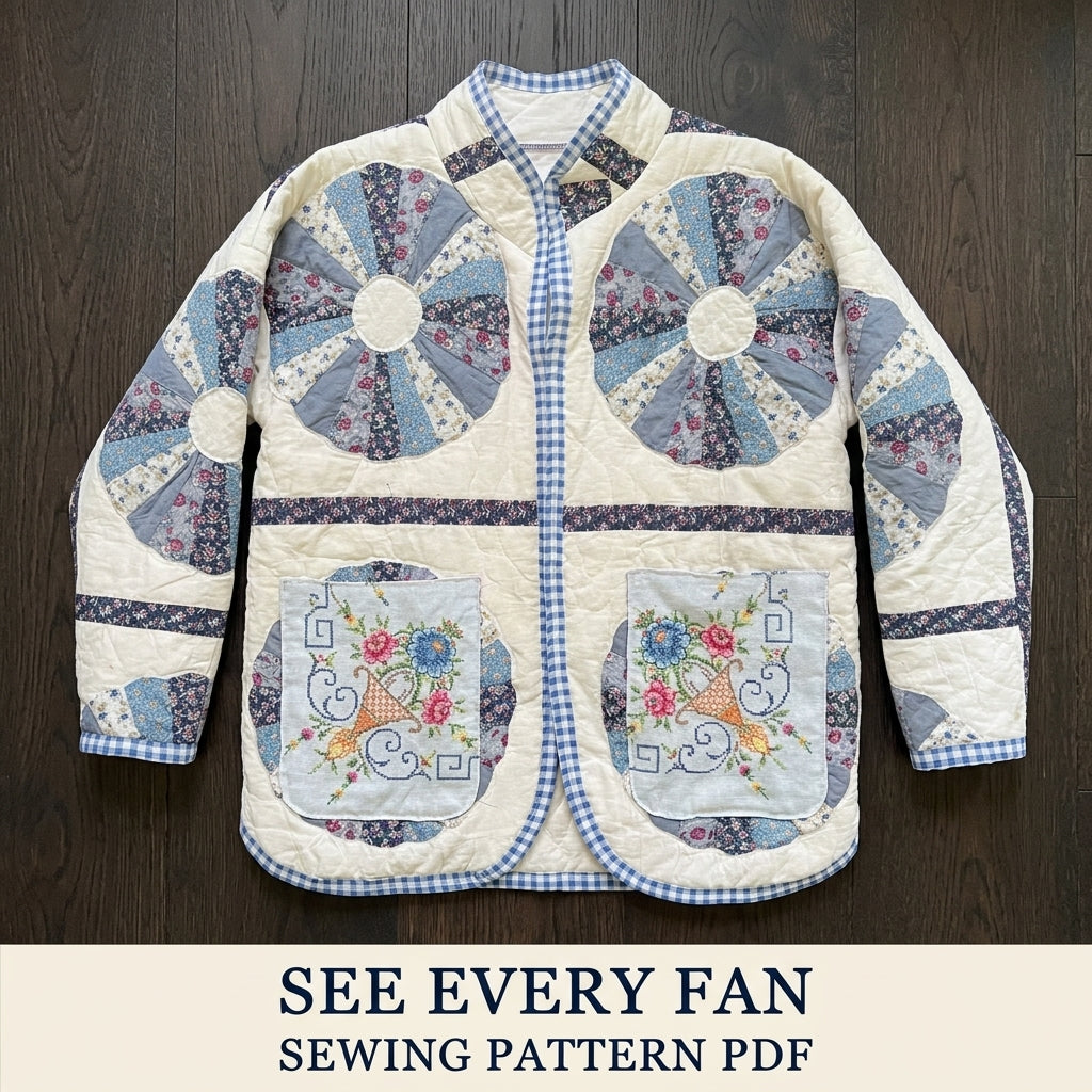 Dresden Cross-Stitch Pocket Quilt Jacket Sewing Pattern PDF – Upcycled Quilt Coat