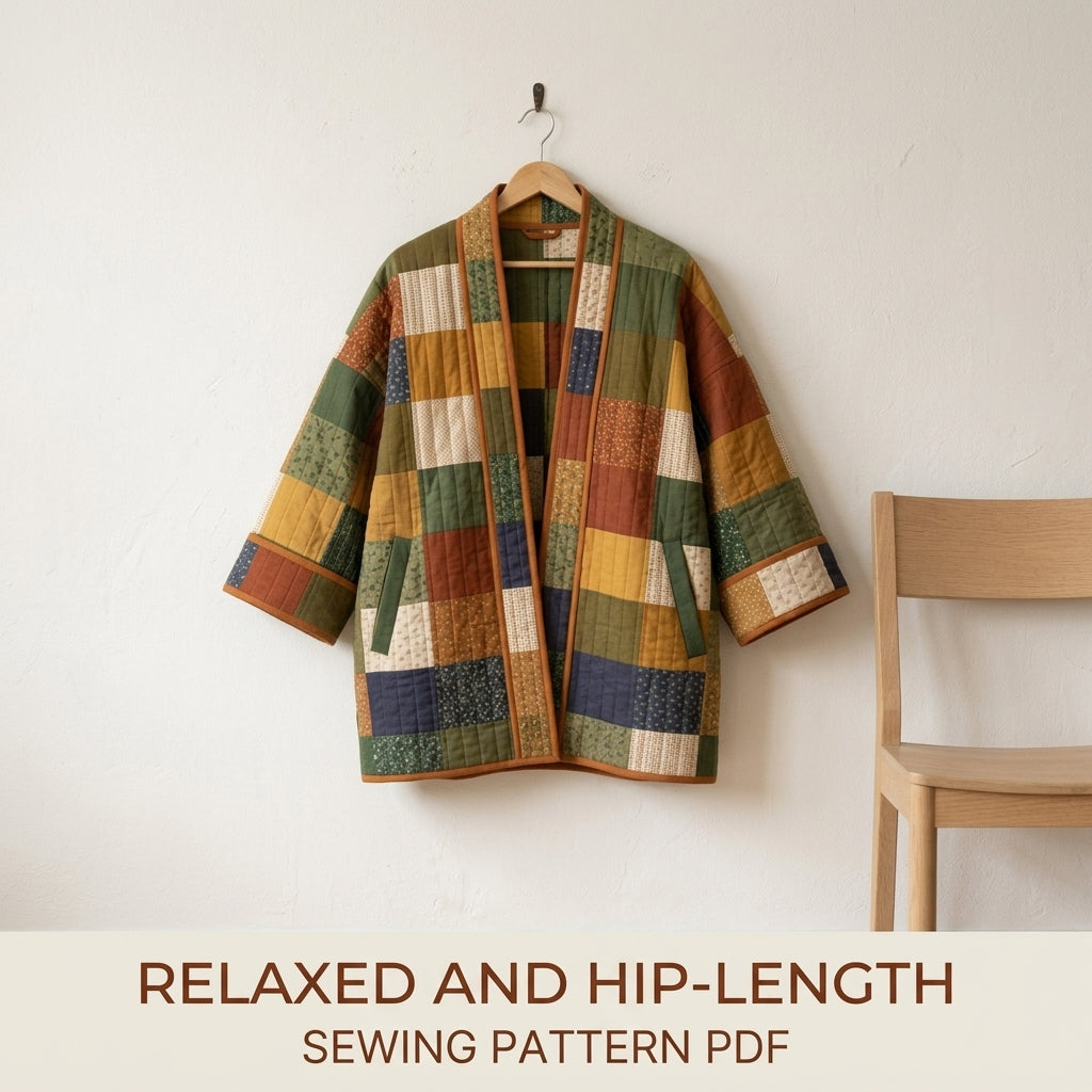 Quilted Kimono Jacket Sewing Pattern PDF – Patchwork Kimono Wrap with Wide Sleeves and Band Collar