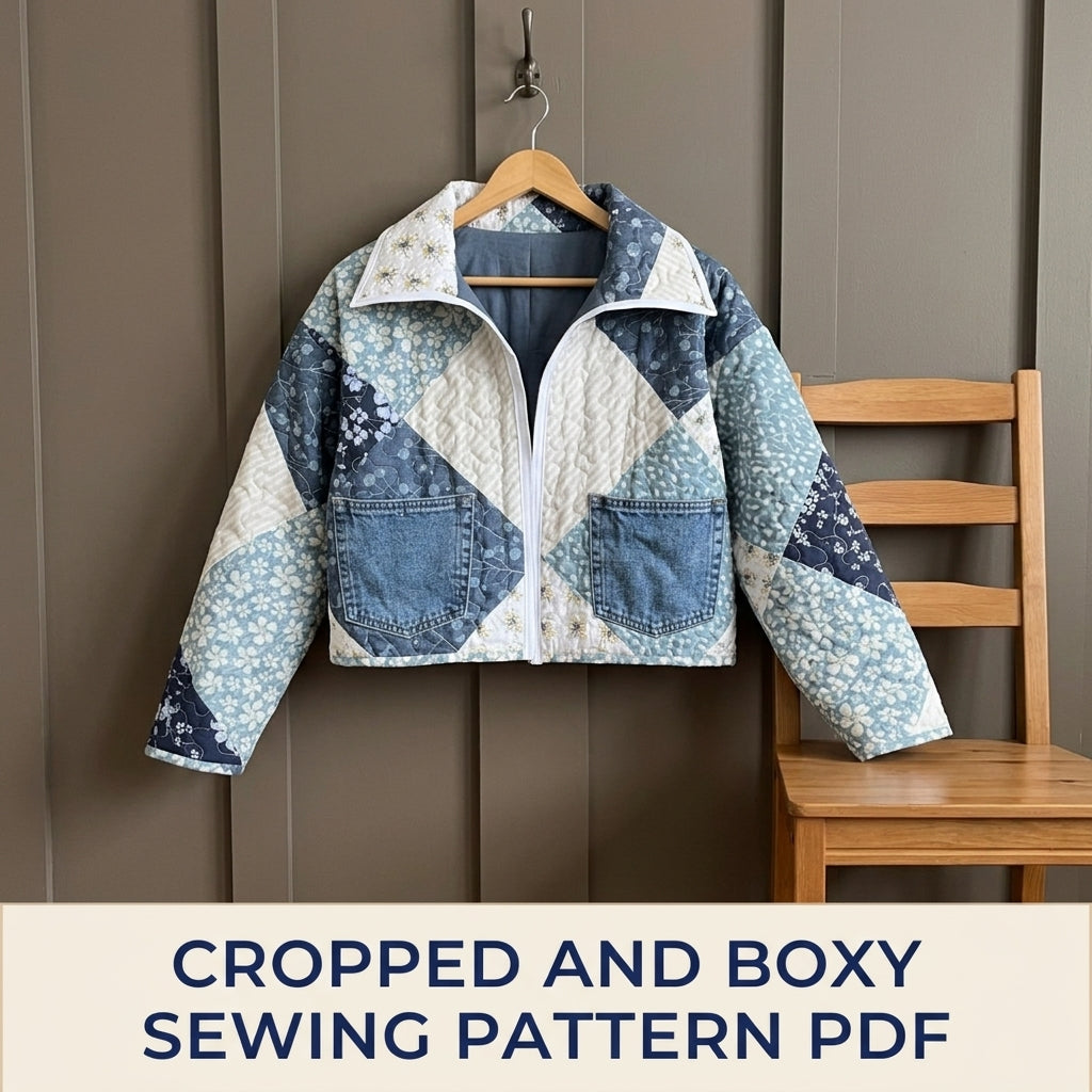 Cropped Blue Patchwork Jacket Sewing Pattern PDF – Quilted Jacket with Denim Pockets