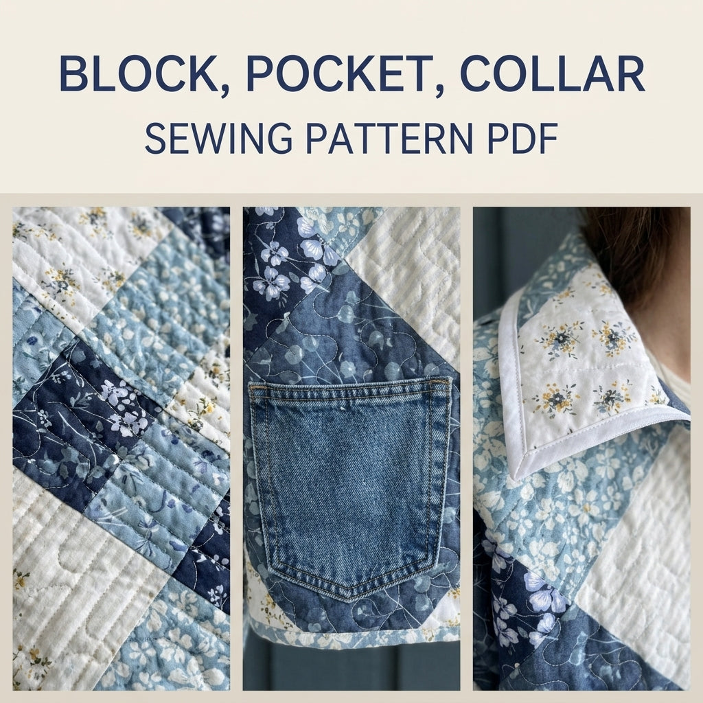 Cropped Blue Patchwork Jacket Sewing Pattern PDF – Quilted Jacket with Denim Pockets