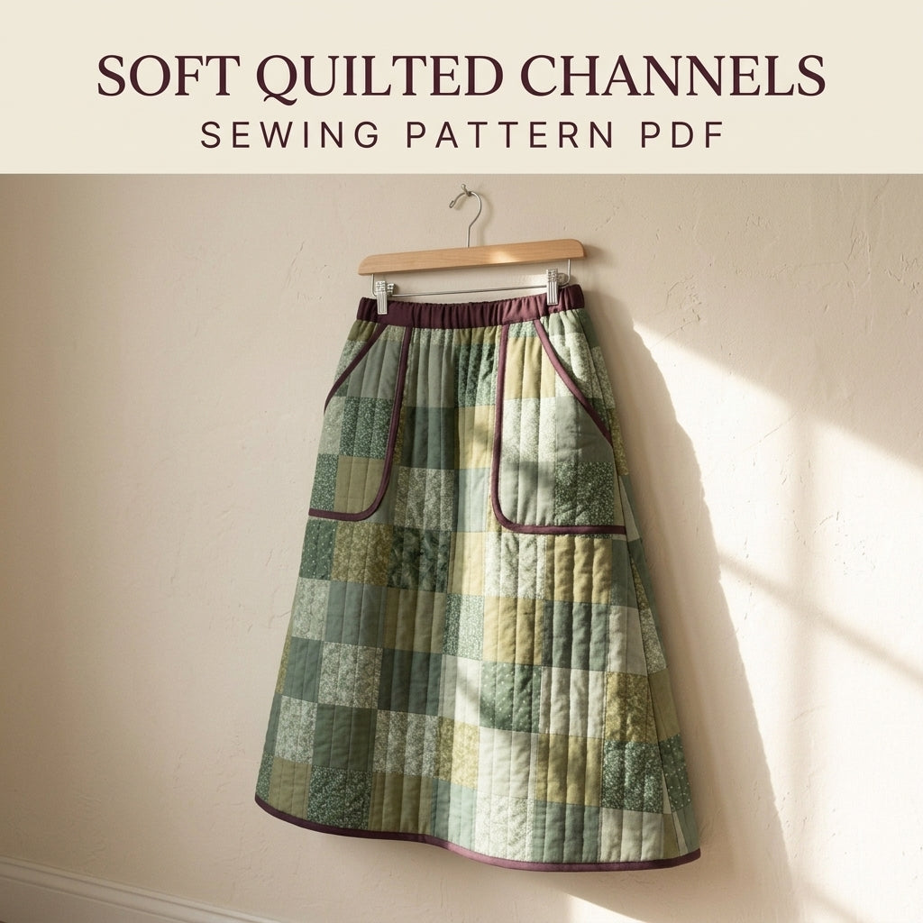 Quilted Skirt Sewing Pattern PDF – Patchwork Midi Skirt with Elastic Waist and Pockets