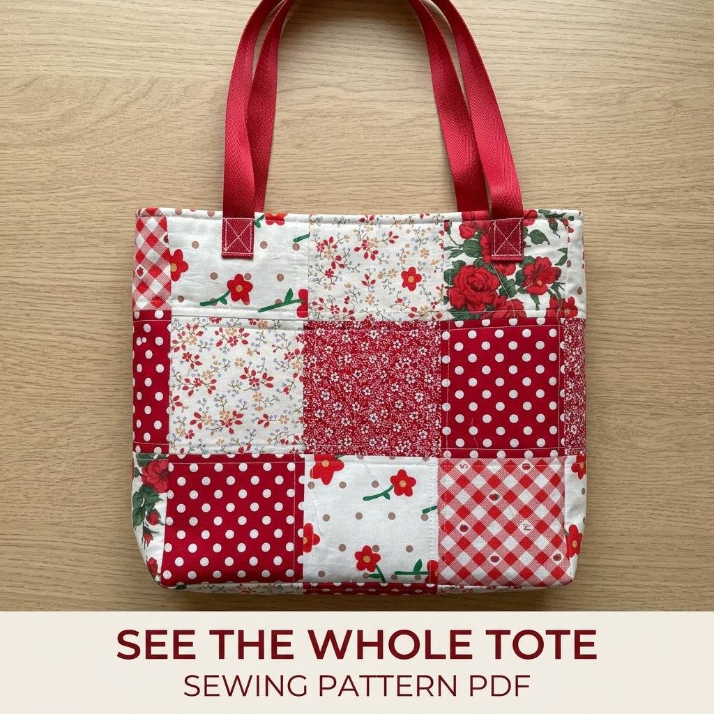 Red Patchwork Tote Sewing Pattern PDF – Easy Nine Patch Tote Bag