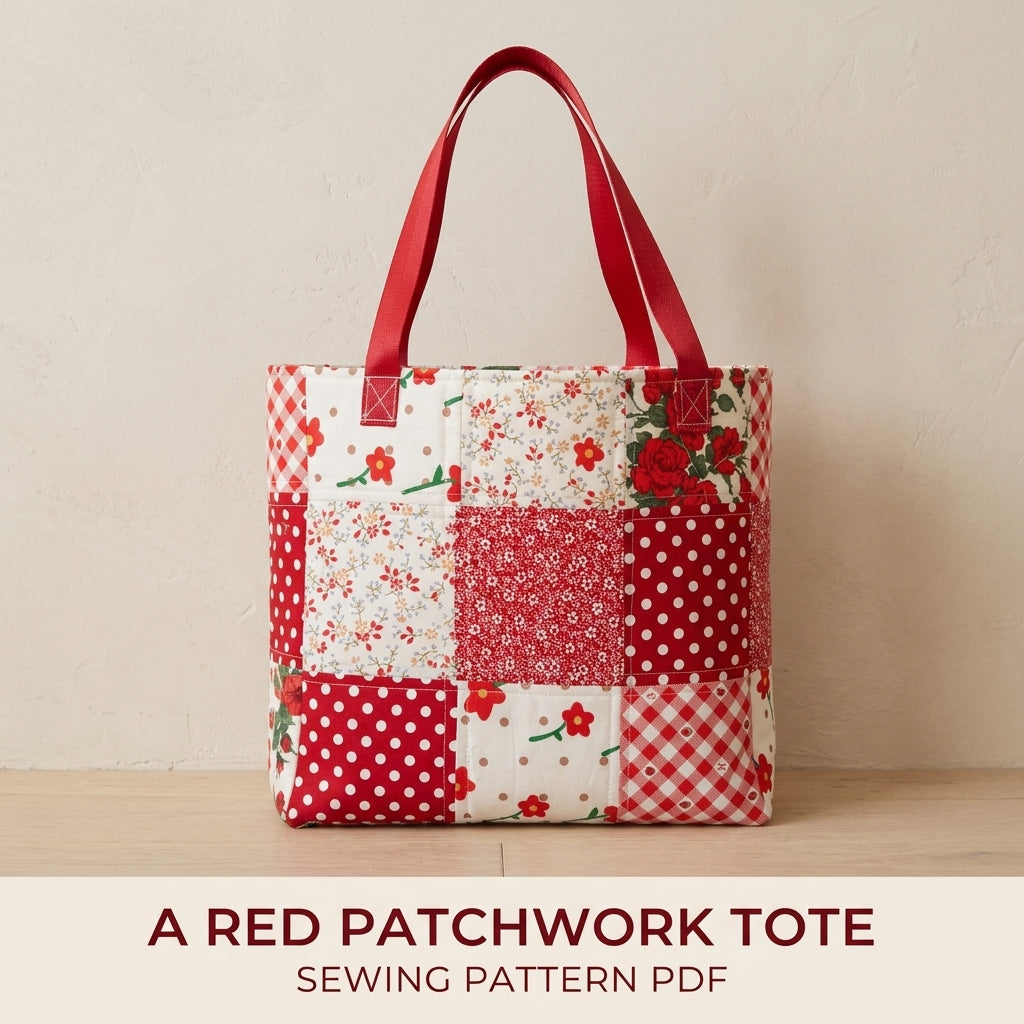 Red Patchwork Tote Sewing Pattern PDF – Easy Nine Patch Tote Bag