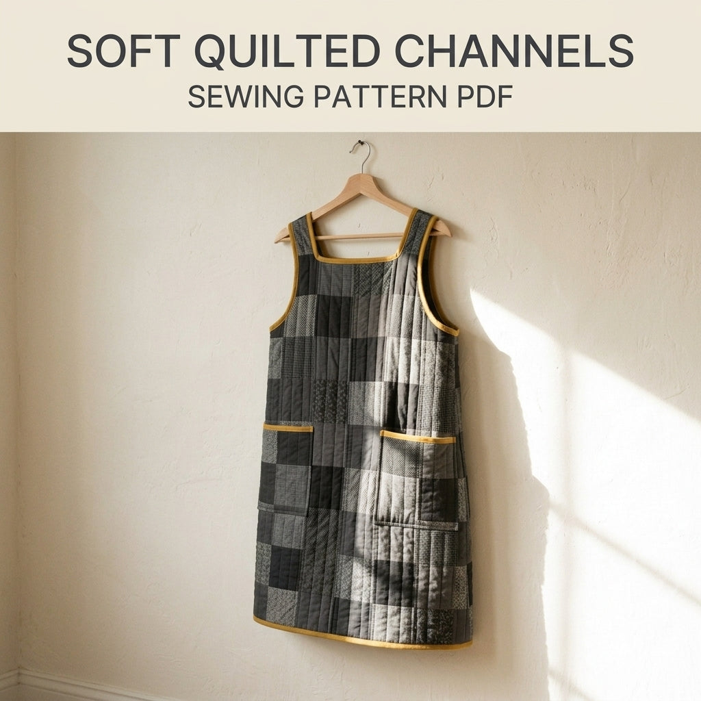Quilted Pinafore Dress Sewing Pattern PDF – Patchwork Apron Dress with Square Neck and Pockets