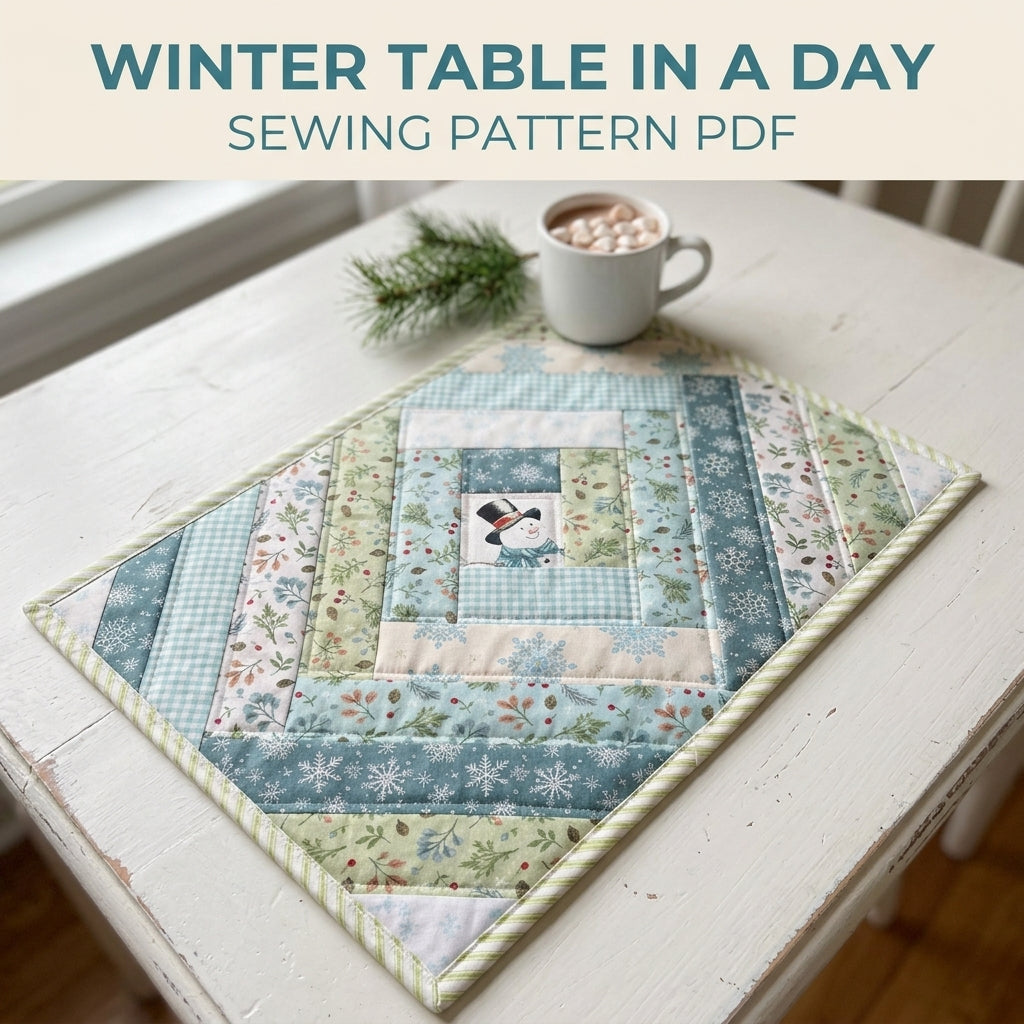 Snowman Log Cabin Placemat Sewing Pattern PDF – Winter Snowman Quilted Placemat