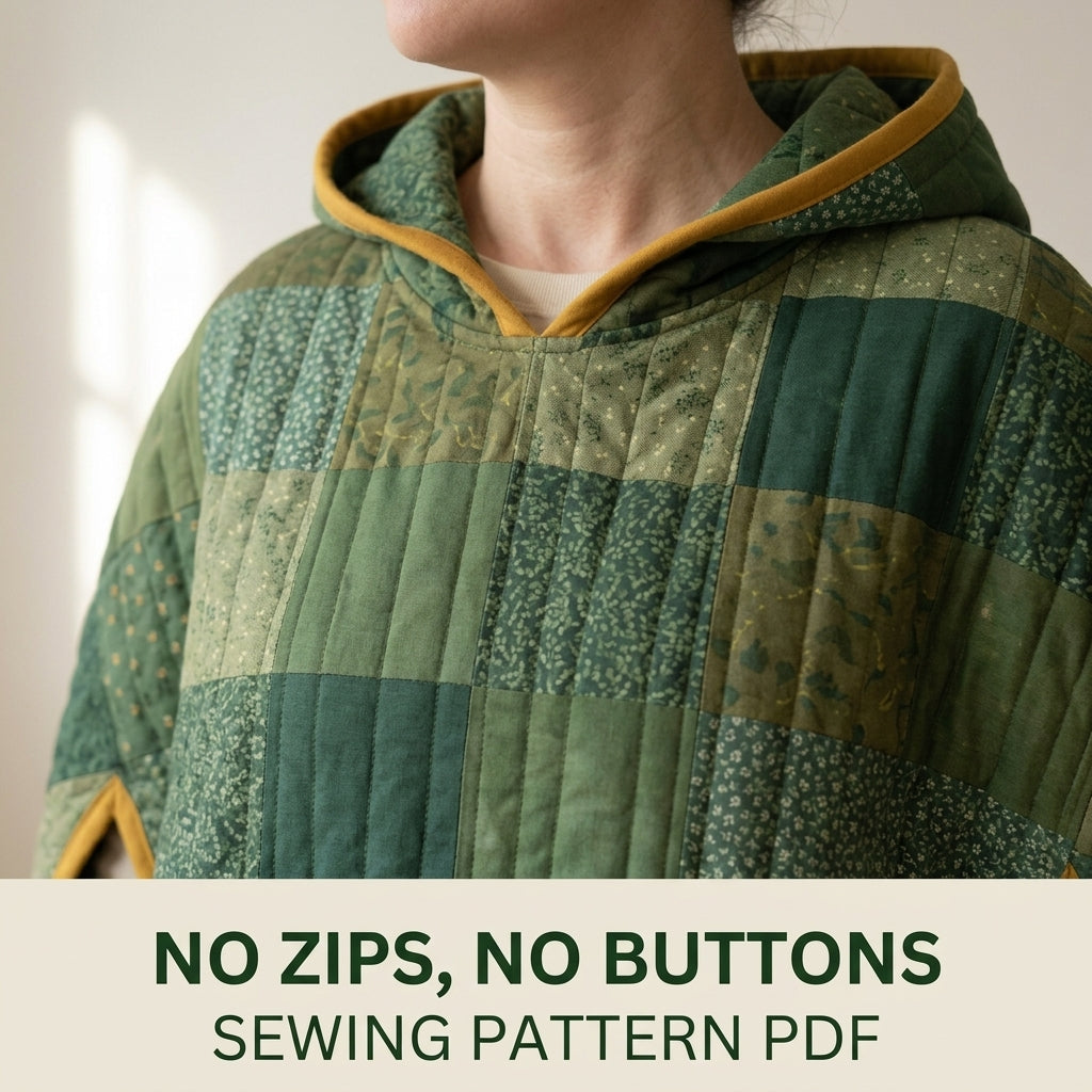 Quilted Poncho Sewing Pattern PDF – Hooded Patchwork Pullover Poncho with Arm Slits and Bias Binding