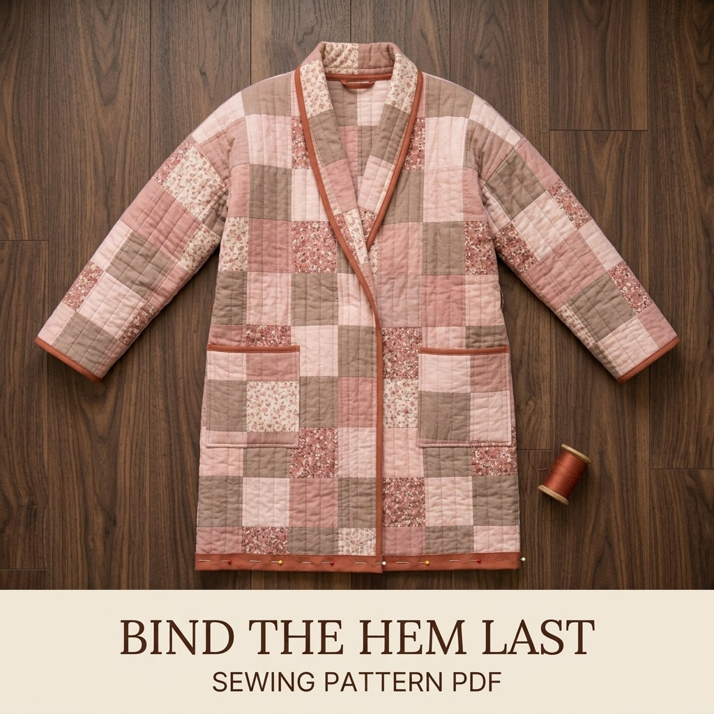 Quilted Robe Sewing Pattern PDF – Patchwork Wrap Robe with Shawl Collar and Pockets