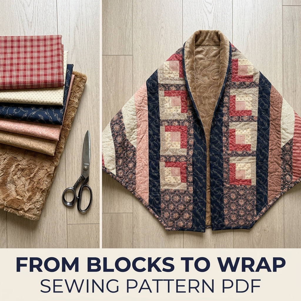 Log Cabin Quilted Shawl Wrap Sewing Pattern PDF – Log Cabin Wrap with Minky Lining
